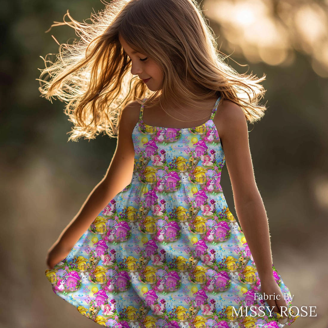 Design 388 Magical Wonderland Fabric sewn into a girls' dress – see how the print looks made up | Fabric by Missy Rose