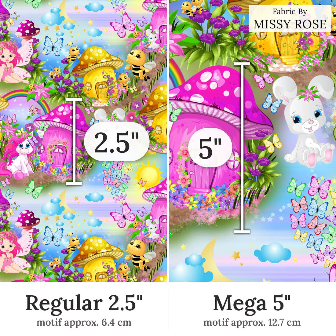 Design 388 Magical Wonderland Fabric Regular 2.5 inch vs Mega 5 inch print scale side by side | Fabric by Missy Rose
