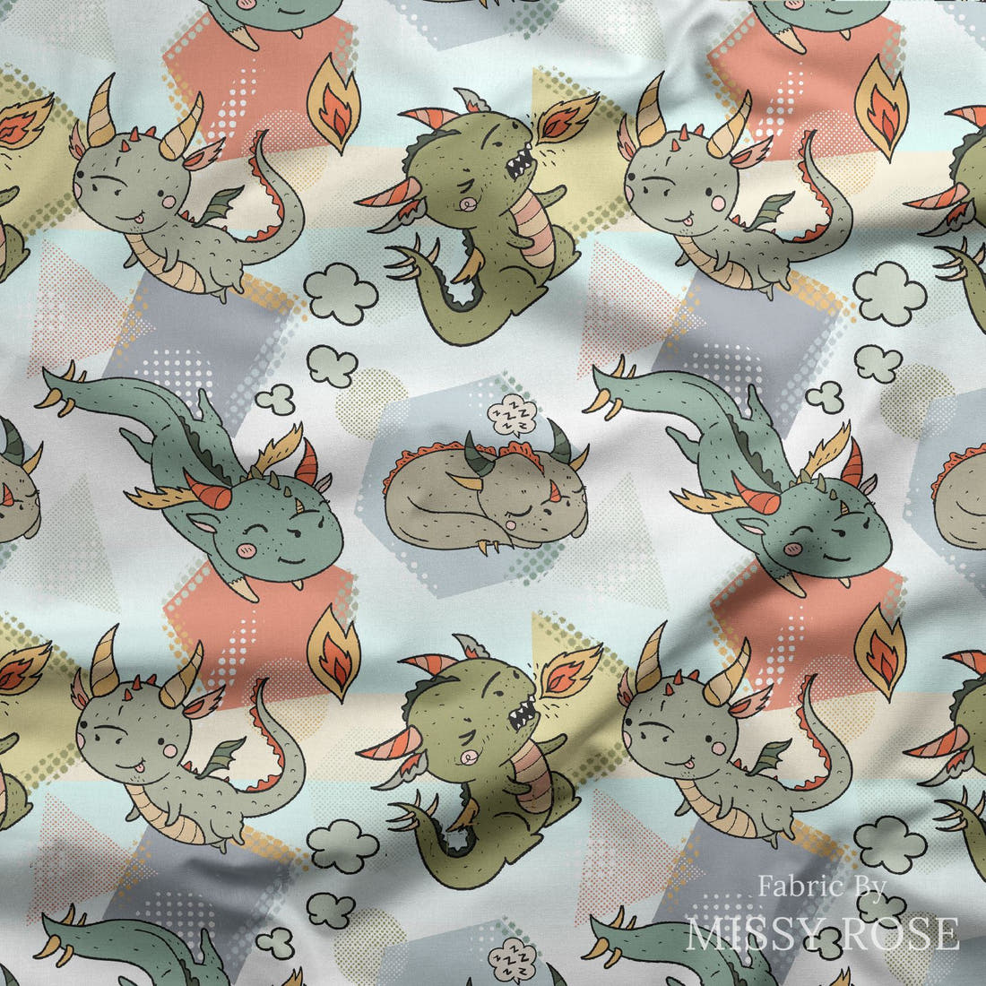 Design 389 Neutral Dragons Fabric draped fabric mockup – custom printed fabric by the metre | Fabric by Missy Rose