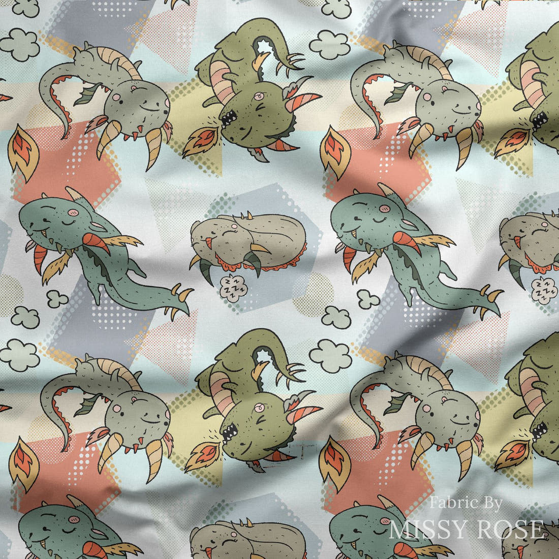 Design 389 Neutral Dragons Fabric draped fabric mockup – custom printed fabric by the metre | Fabric by Missy Rose