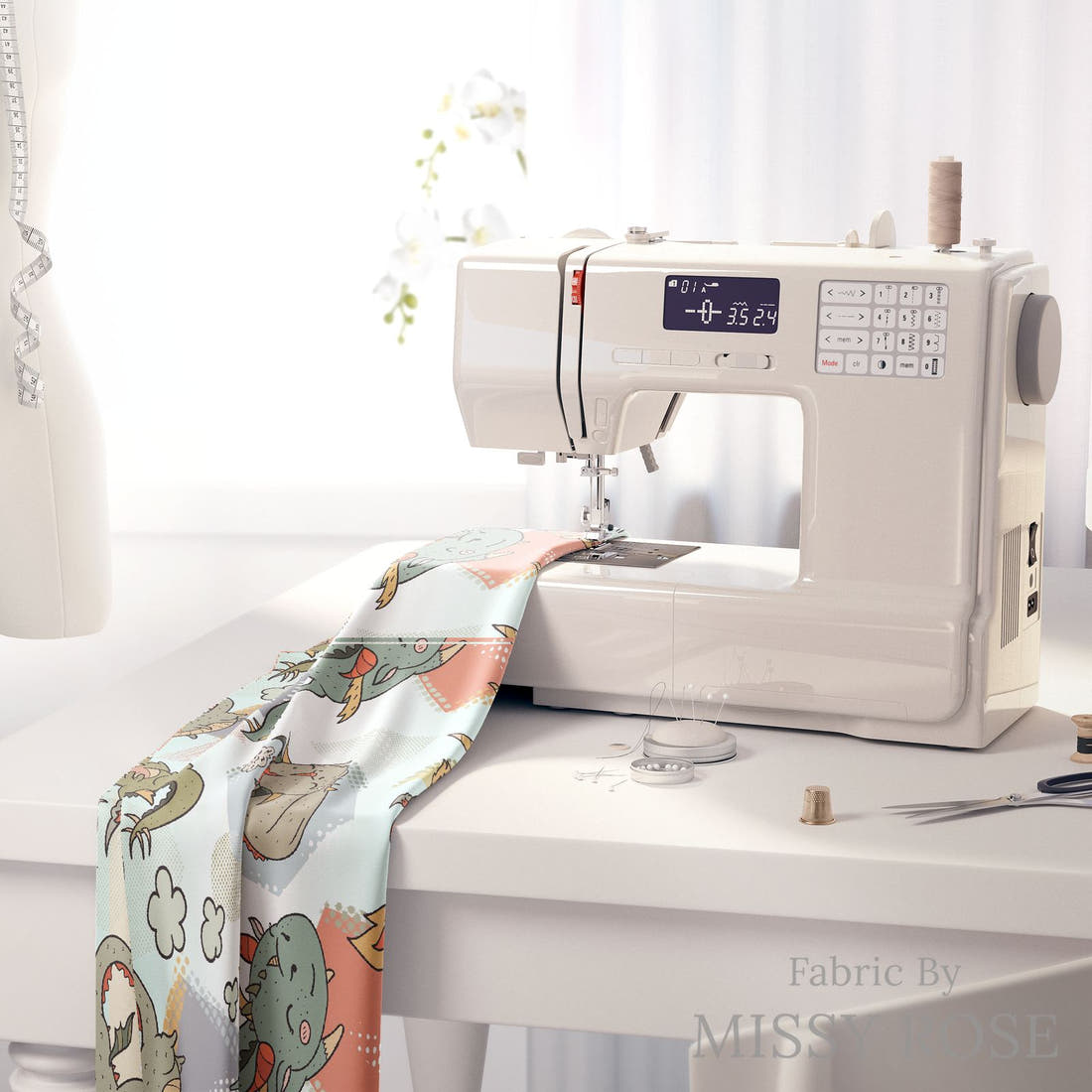 Design 389 Neutral Dragons Fabric on a sewing machine – premium fabric for sewing projects | Fabric by Missy Rose