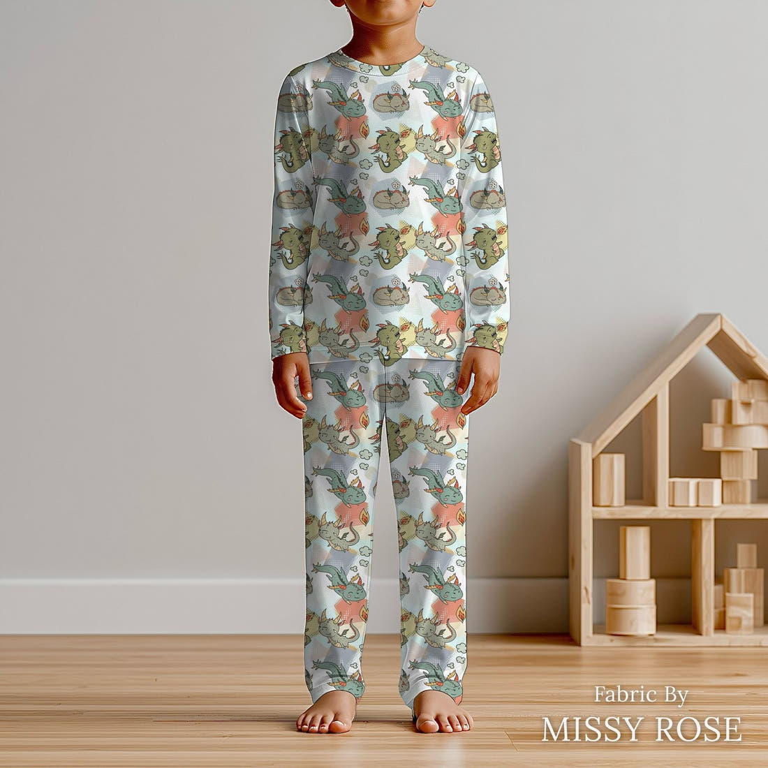 Design 389 Neutral Dragons Fabric sewn into kids' pyjamas – see how the print looks made up | Fabric by Missy Rose
