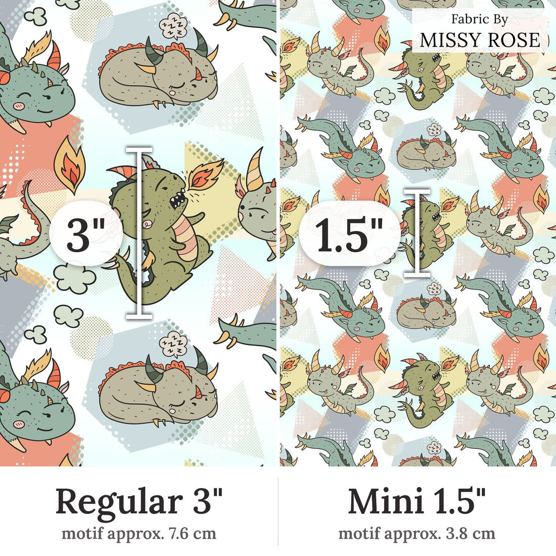 Design 389 Neutral Dragons Fabric Regular 3 inch vs Mini 1.5 inch print scale side by side | Fabric by Missy Rose