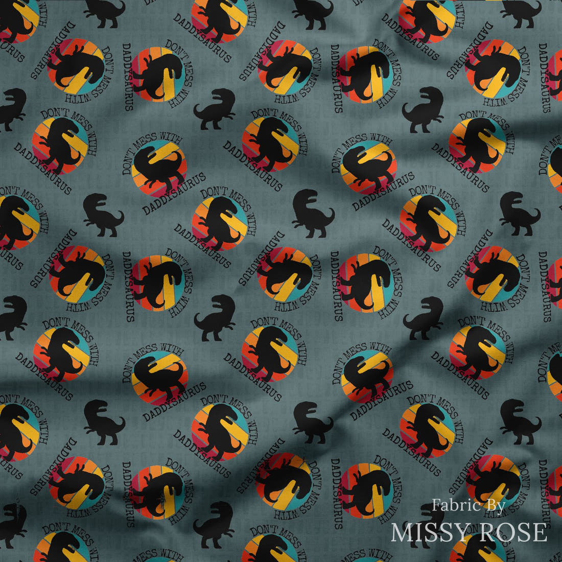 Design 39 Daddysaurus Fabric draped fabric mockup – custom printed fabric by the metre | Fabric by Missy Rose