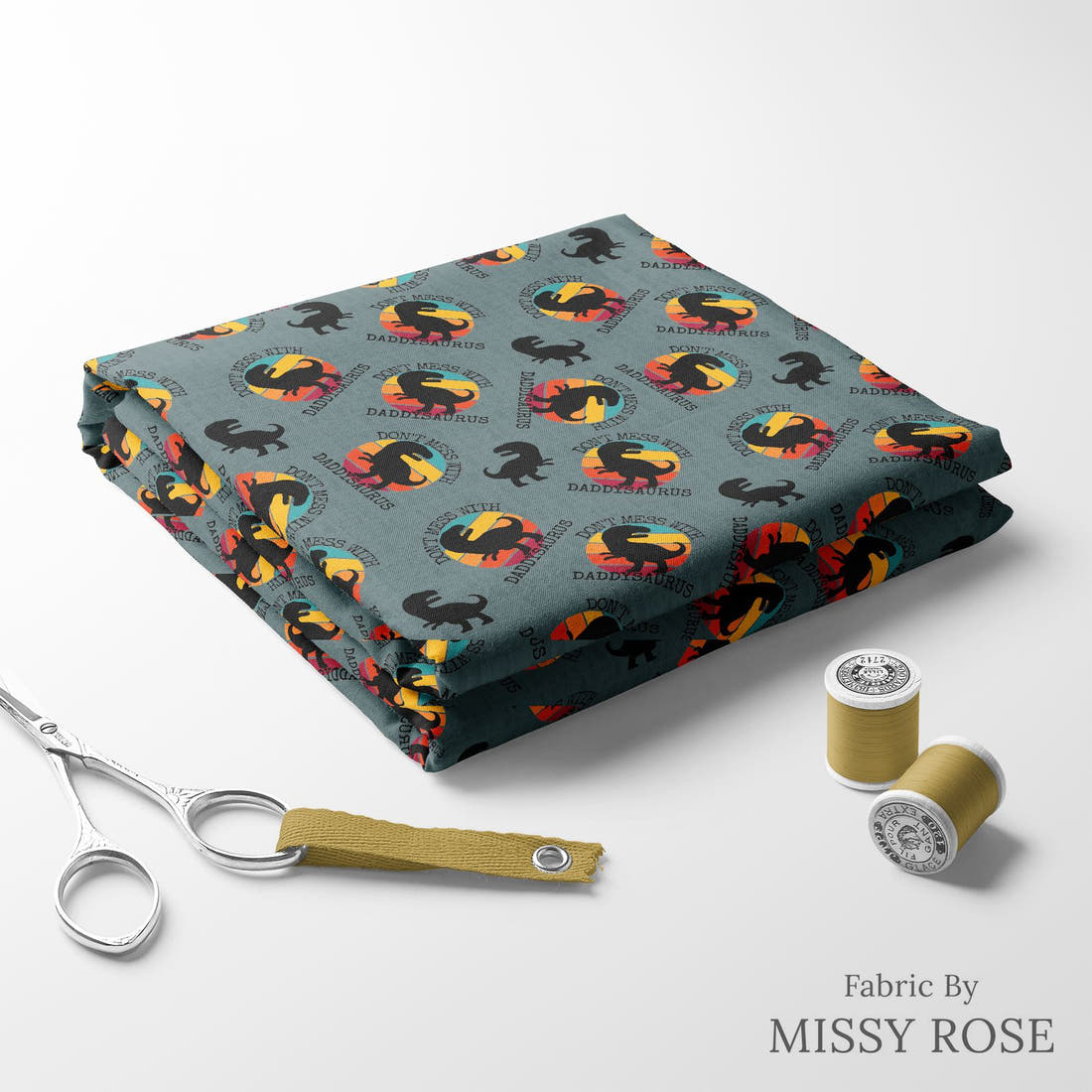 Design 39 Daddysaurus Fabric folded fabric stack with matching thread – pre-order fabric Australia | Fabric by Missy Rose