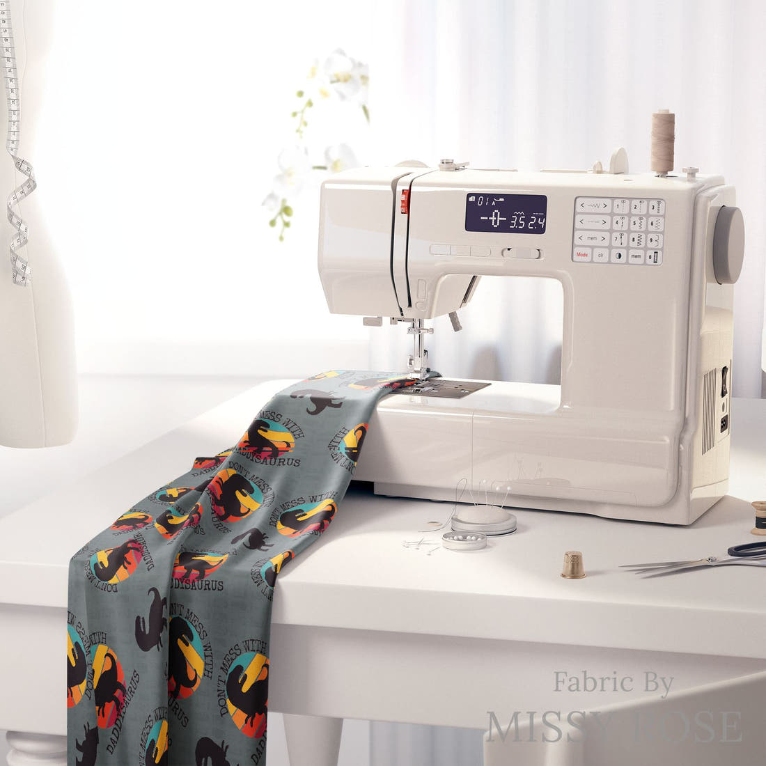 Design 39 Daddysaurus Fabric on a sewing machine – premium fabric for sewing projects | Fabric by Missy Rose