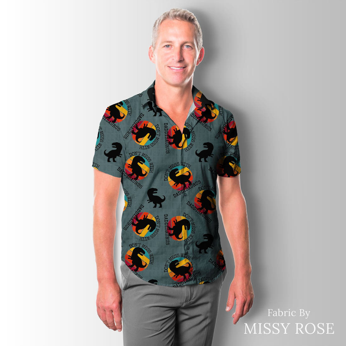 Design 39 Daddysaurus Fabric sewn into a men's shirt – see how the print looks made up | Fabric by Missy Rose
