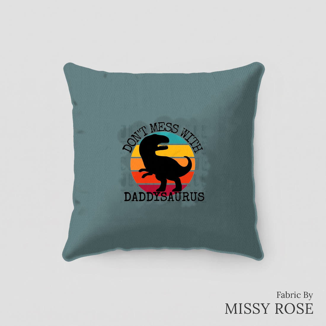 Design 39 Daddysaurus Panel sewn into a cushion – see how the panel looks made up | Fabric by Missy Rose