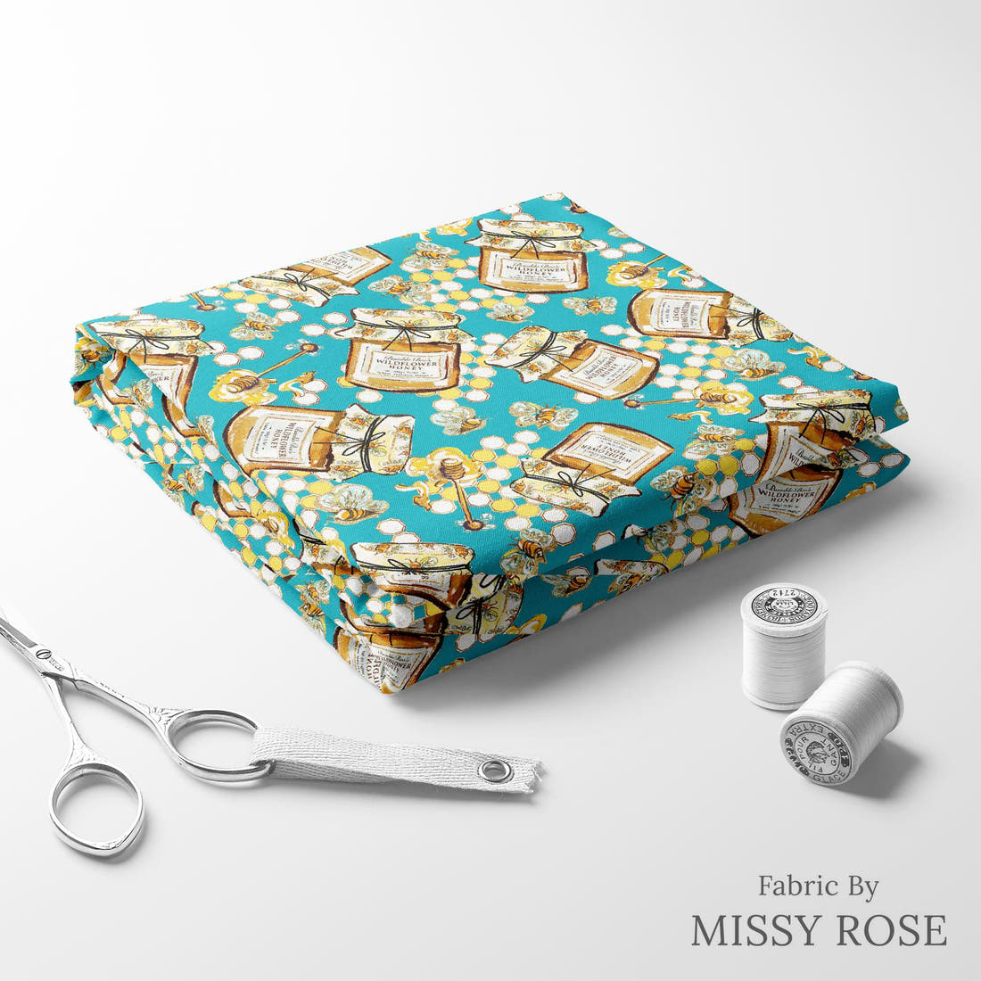 Design 390 Honey Bee Fabric folded fabric stack with matching thread – pre-order fabric Australia | Fabric by Missy Rose