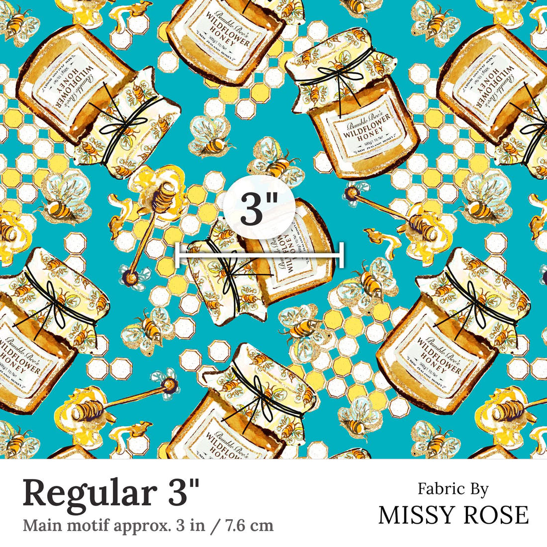 Design 390 Honey Bee Fabric Regular 3 inch print scale guide | Fabric by Missy Rose