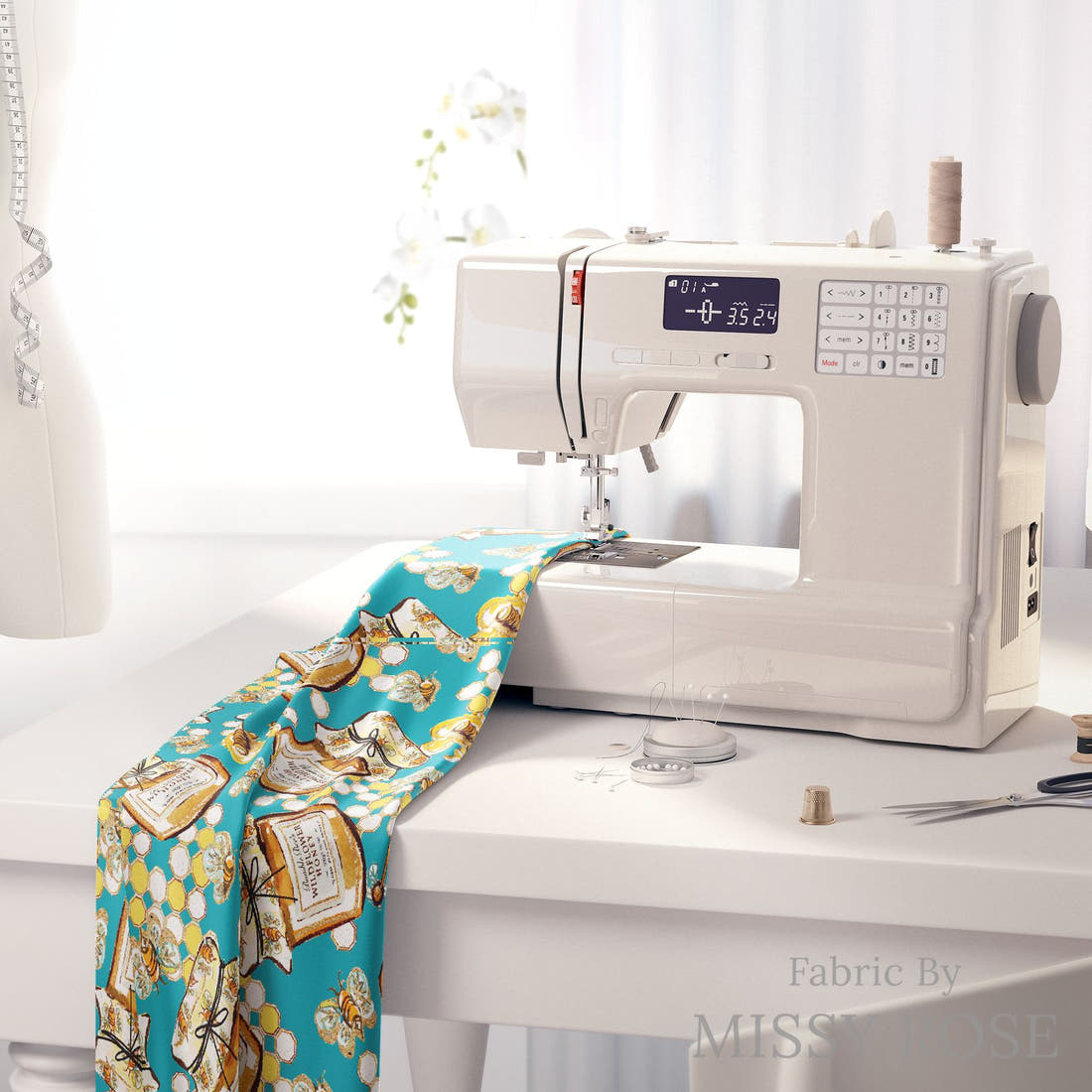 Design 390 Honey Bee Fabric on a sewing machine – premium fabric for sewing projects | Fabric by Missy Rose