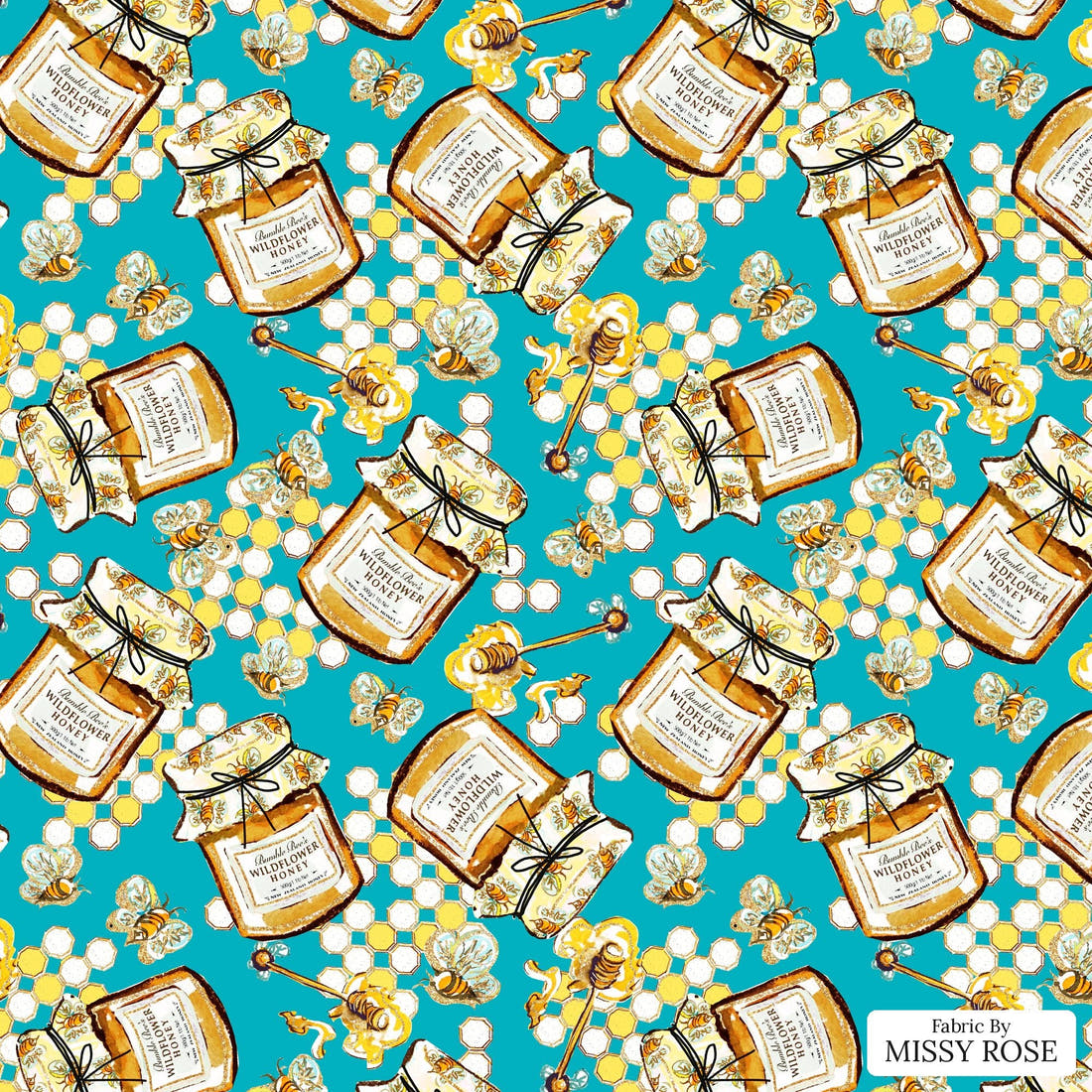 Design 390 Honey Bee Fabric - flat view of the print, zoom in for detail | Fabric by Missy Rose