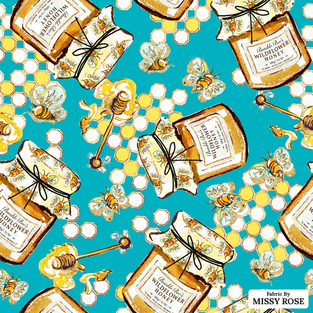 Design 390 Honey Bee Fabric - flat view of the print, zoom in for detail | Fabric by Missy Rose
