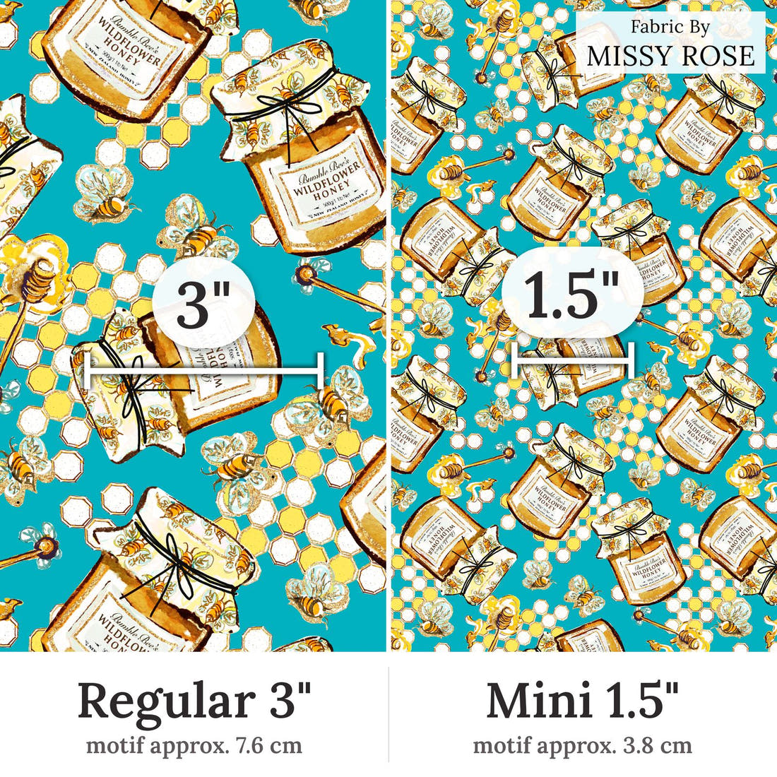 Design 390 Honey Bee Fabric Regular 3 inch vs Mini 1.5 inch print scale side by side | Fabric by Missy Rose