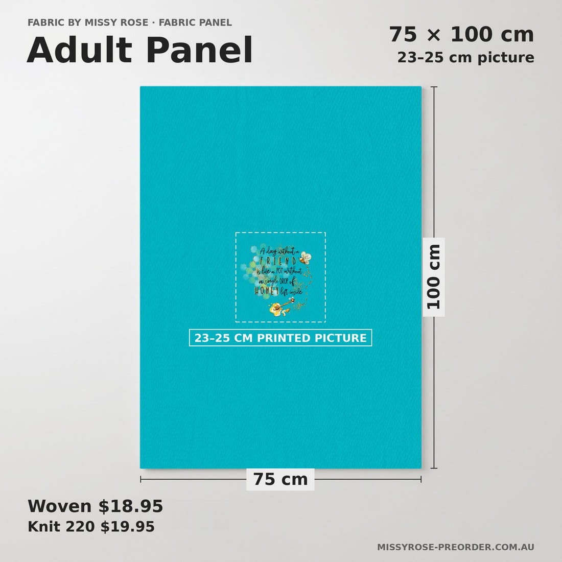 Design 390 Honey Bee Panel adult panel sizing – 23–25 cm printed picture on 75 × 100 cm fabric | Fabric by Missy Rose