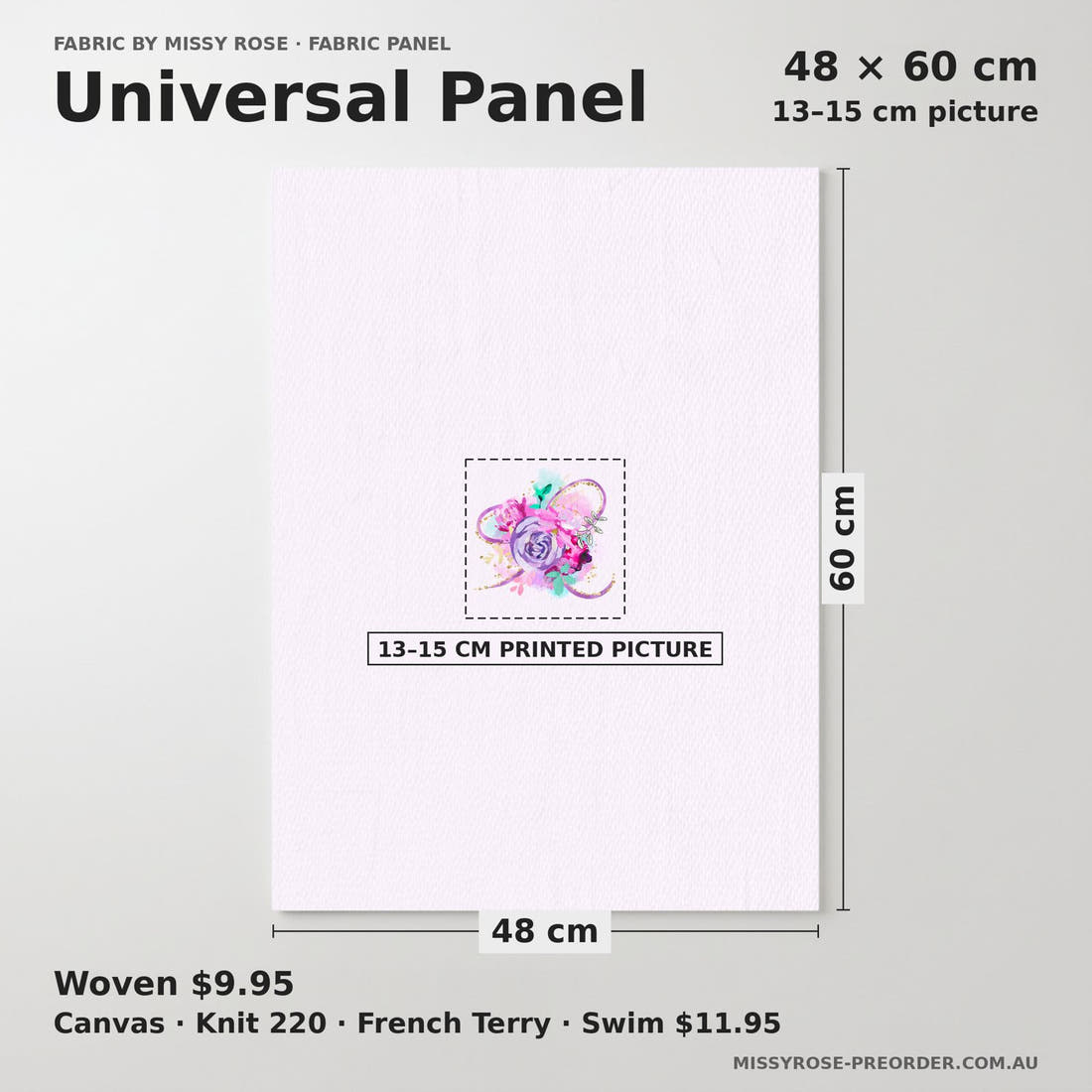 Design 391 Purple Floral Panel universal panel sizing – 13–15 cm printed picture on 48 × 60 cm fabric | Fabric by Missy Rose
