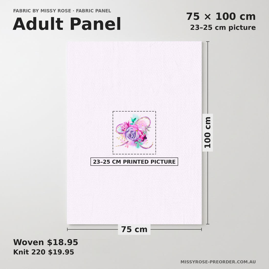 Design 391 Purple Floral Panel adult panel sizing – 23–25 cm printed picture on 75 × 100 cm fabric | Fabric by Missy Rose