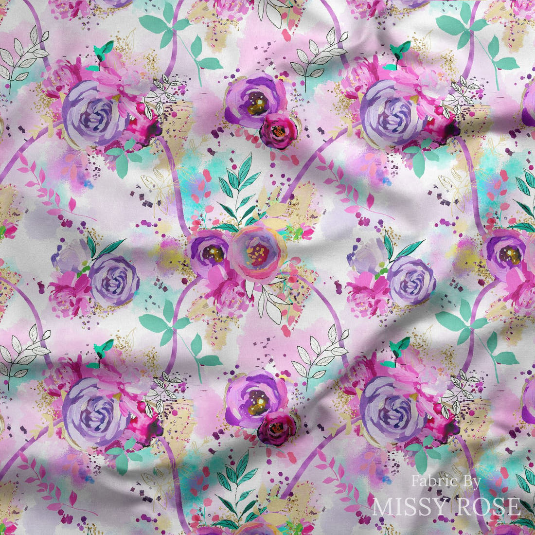 Design 391 Purple Floral Fabric draped fabric mockup – custom printed fabric by the metre | Fabric by Missy Rose