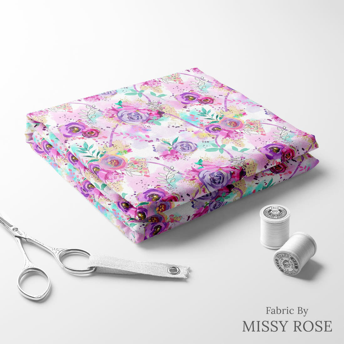 Design 391 Purple Floral Fabric folded fabric stack with matching thread – pre-order fabric Australia | Fabric by Missy Rose