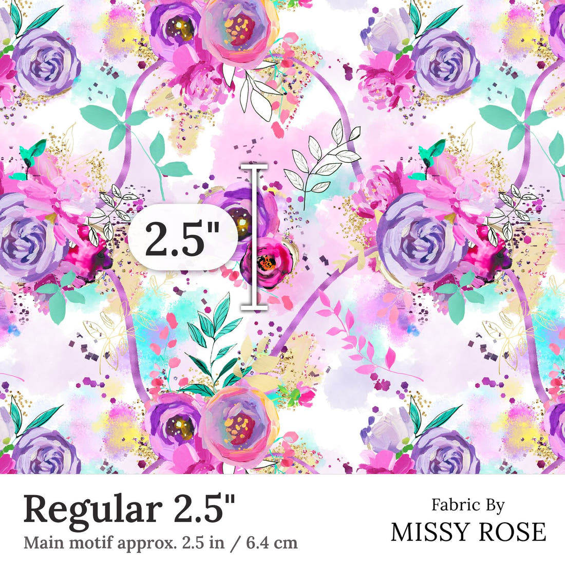 Design 391 Purple Floral Fabric Regular 2.5 inch print scale guide | Fabric by Missy Rose