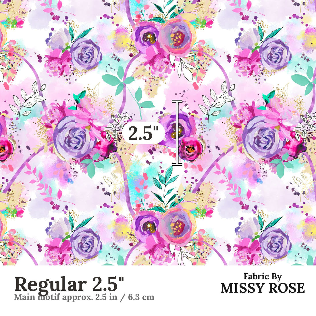 Design 391 Purple Floral Regular 2.5" - print scale | Fabric by Missy Rose