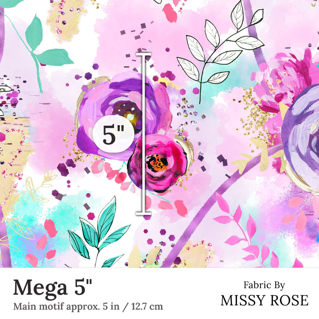 Design 391 Purple Floral Fabric Mega 5 inch print scale guide | Fabric by Missy Rose