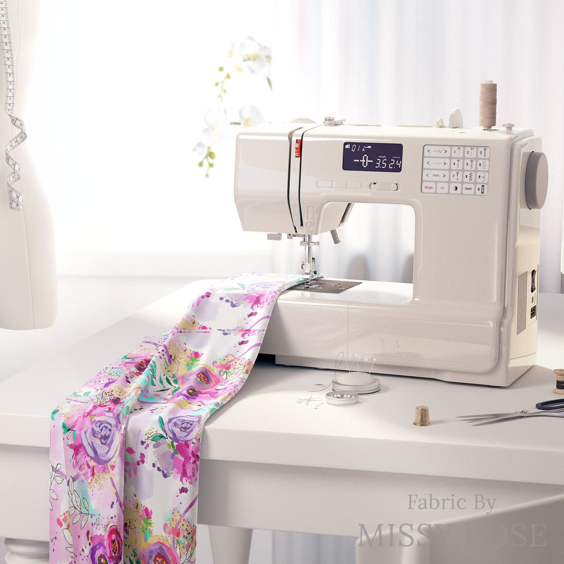 Design 391 Purple Floral Fabric on a sewing machine – premium fabric for sewing projects | Fabric by Missy Rose