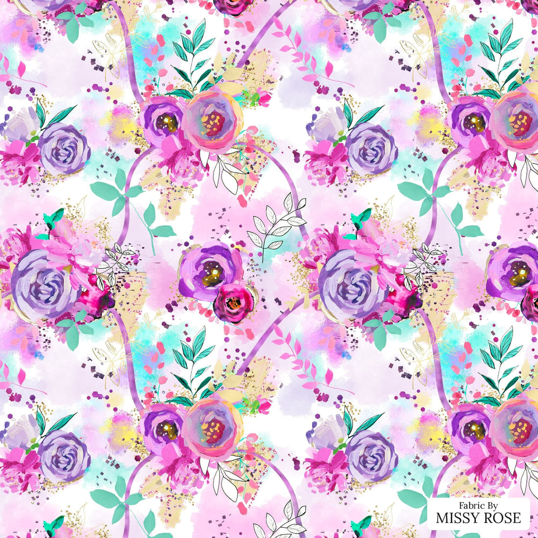 Design 391 Purple Floral - flat view of the print, zoom in for detail | Fabric by Missy Rose