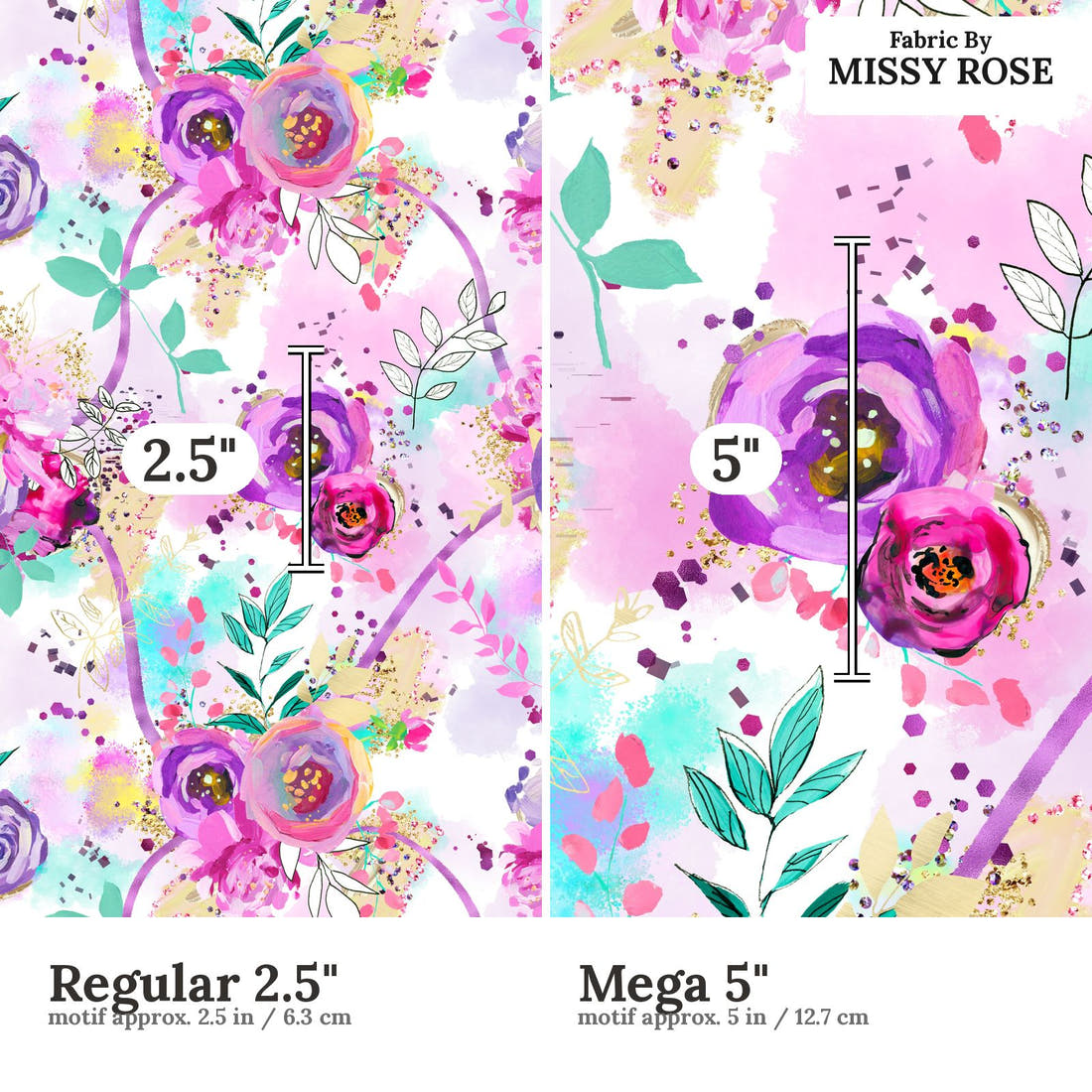 Design 391 Purple Floral size comparison - print scale | Fabric by Missy Rose