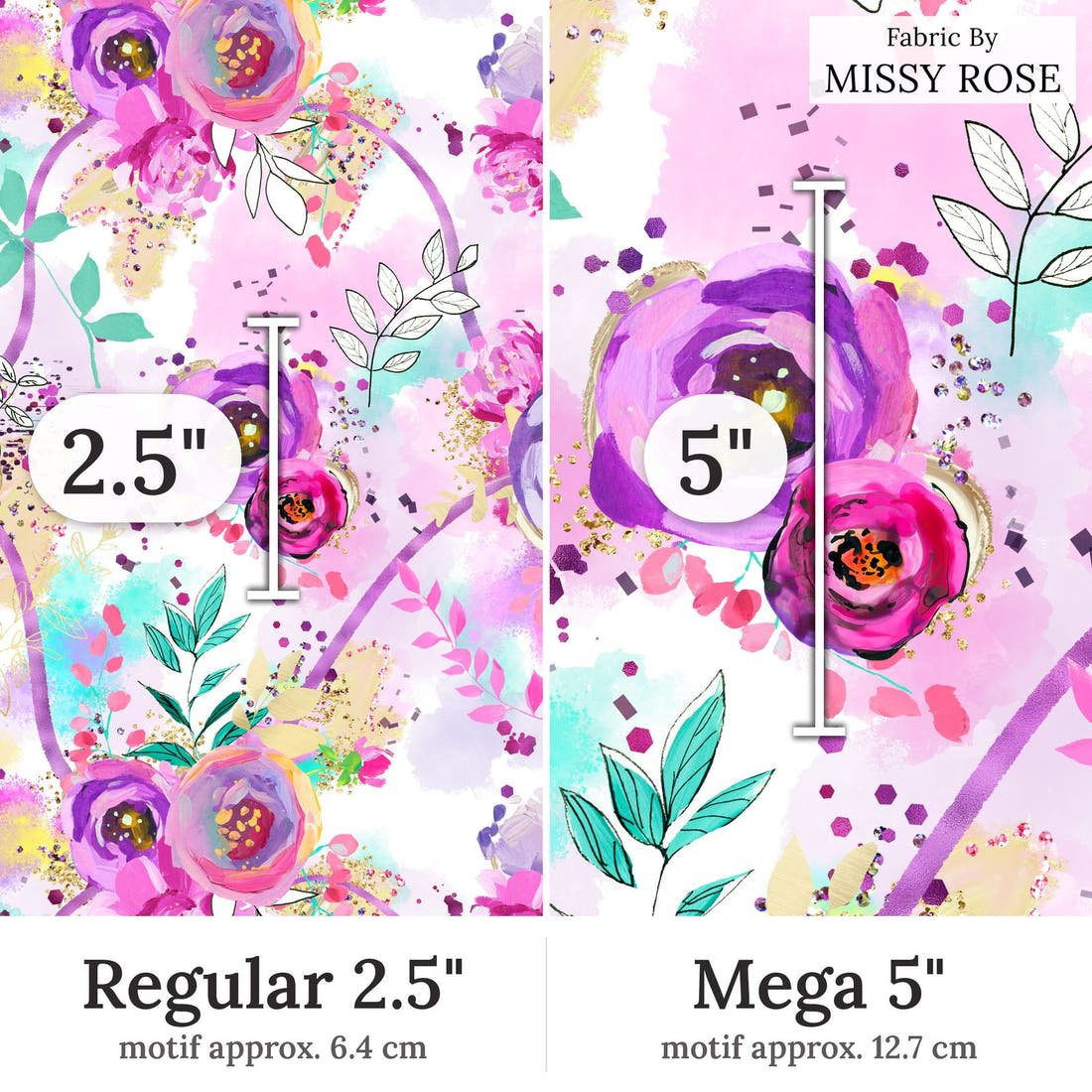 Design 391 Purple Floral Fabric Regular 2.5 inch vs Mega 5 inch print scale side by side | Fabric by Missy Rose