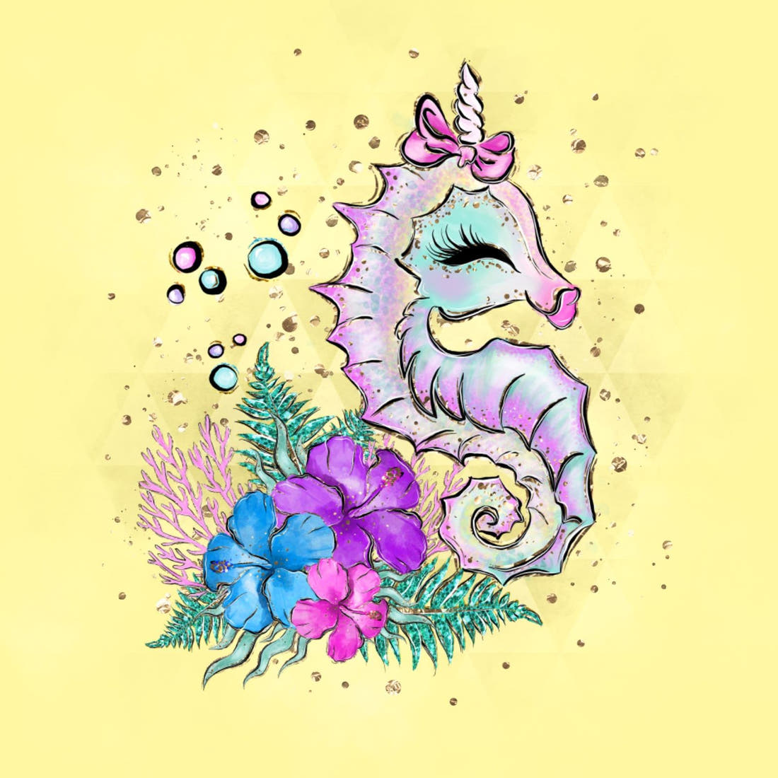 Design 392 Yellow Sea Horse Panel – full artwork close-up of the printed picture | Fabric by Missy Rose