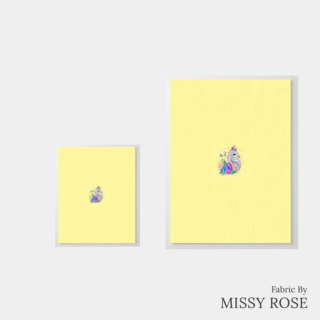 Design 392 Yellow Sea Horse Panel – universal and adult panel sizes side by side | Fabric by Missy Rose