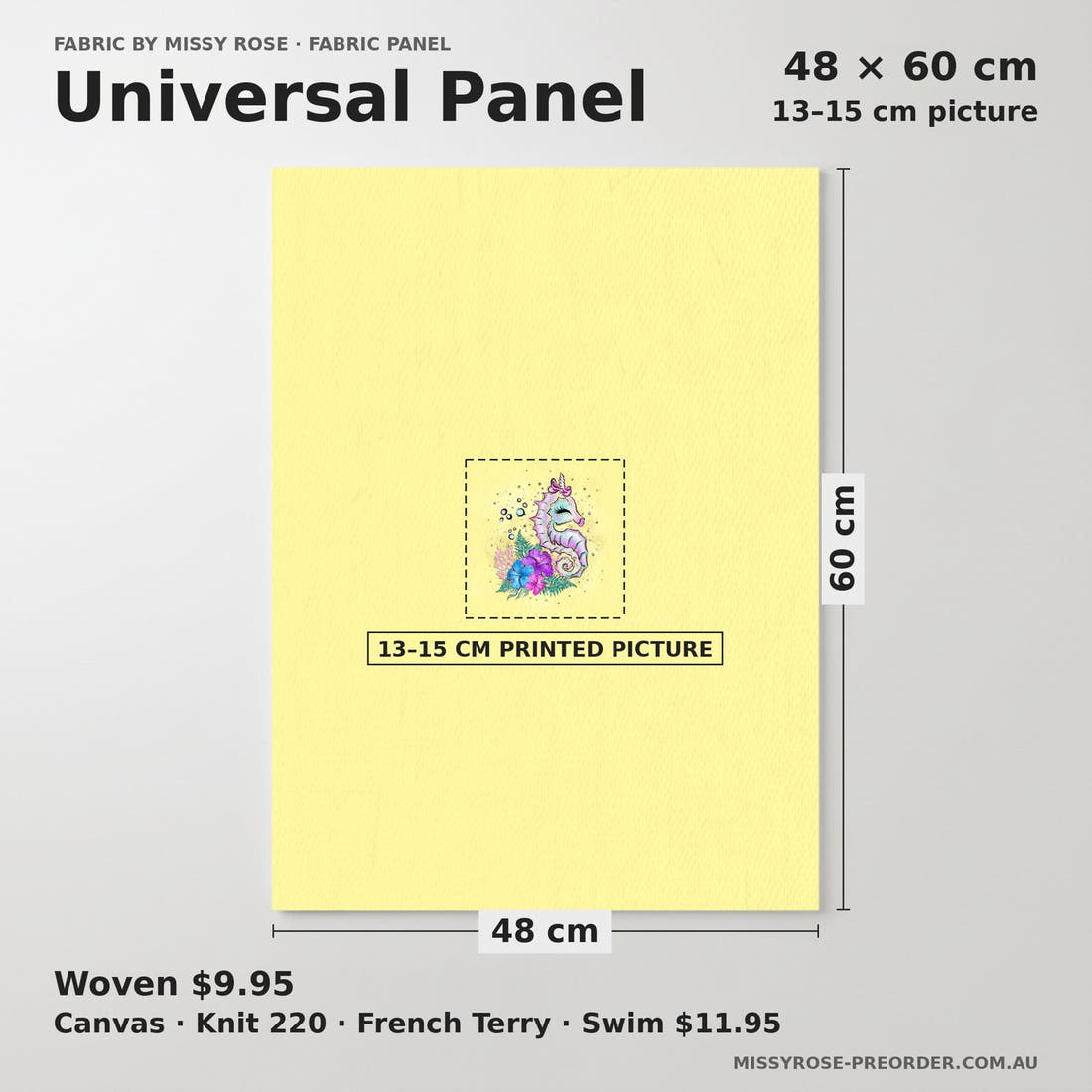Design 392 Yellow Sea Horse Panel universal panel sizing – 13–15 cm printed picture on 48 × 60 cm fabric | Fabric by Missy Rose