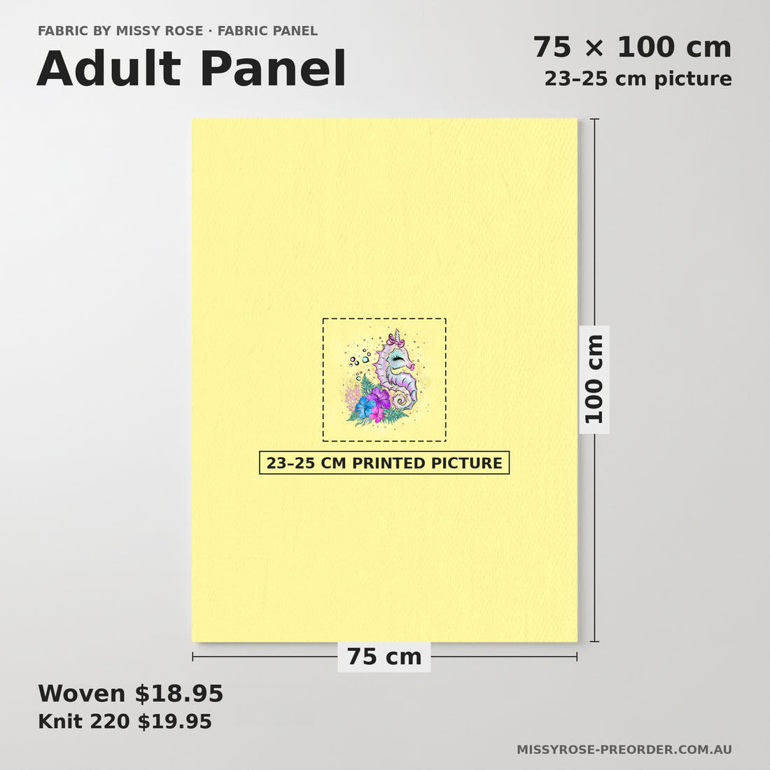 Design 392 Yellow Sea Horse Panel adult panel sizing – 23–25 cm printed picture on 75 × 100 cm fabric | Fabric by Missy Rose