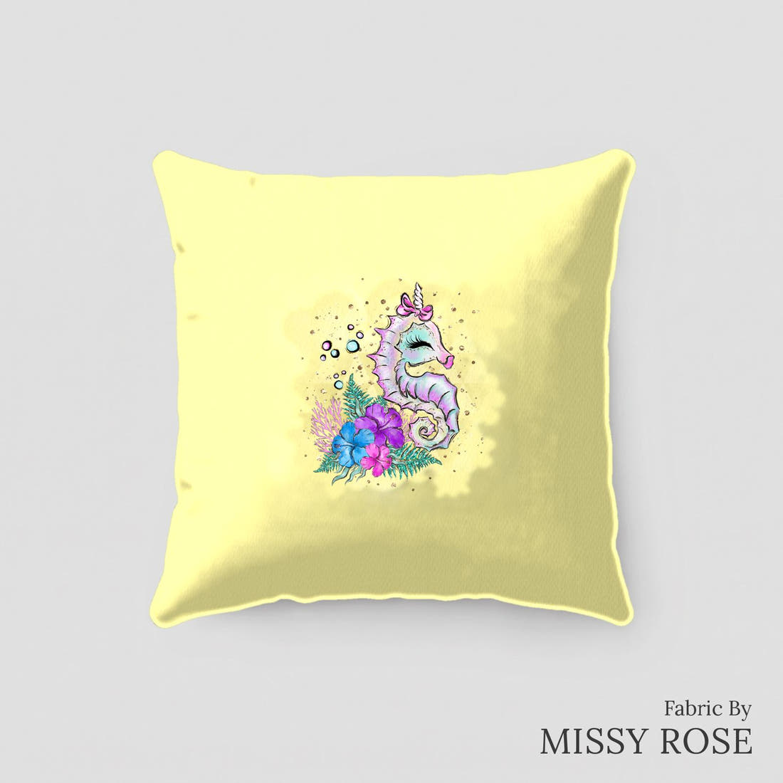 Design 392 Yellow Sea Horse Panel sewn into a cushion – see how the panel looks made up | Fabric by Missy Rose