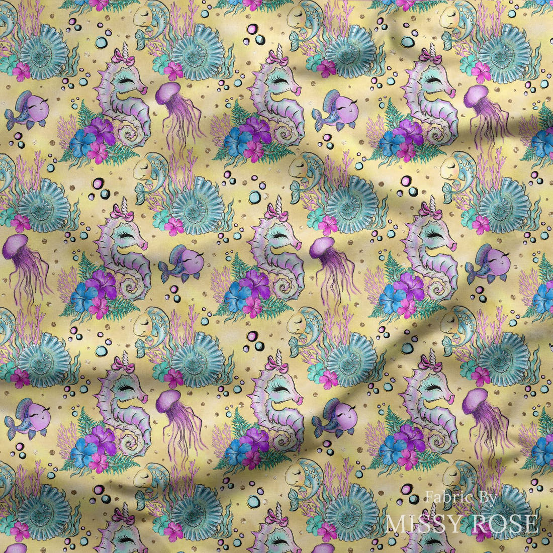 Design 392 Yellow Sea Horse Fabric draped fabric mockup – custom printed fabric by the metre | Fabric by Missy Rose