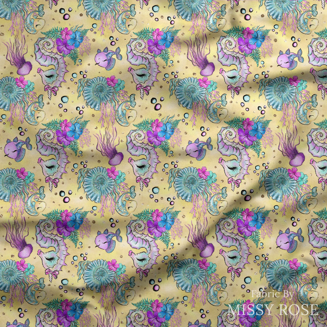 Design 392 Yellow Sea Horse Fabric draped fabric mockup – custom printed fabric by the metre | Fabric by Missy Rose