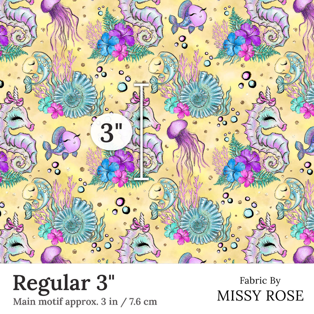 Design 392 Yellow Sea Horse Fabric Regular 3 inch print scale guide | Fabric by Missy Rose