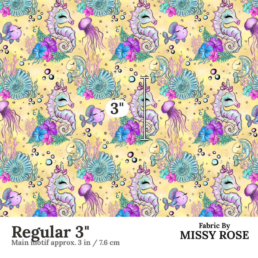 Design 392 Yellow Sea Horse Fabric Regular 3" - print scale | Fabric by Missy Rose