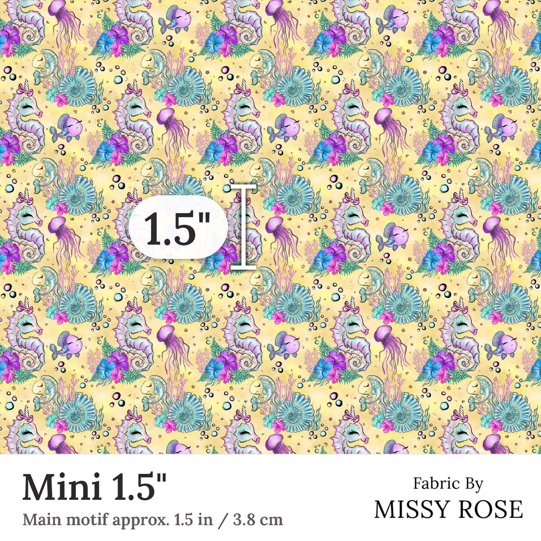 Design 392 Yellow Sea Horse Fabric Mini 1.5 inch print scale guide | Fabric by Missy Rose