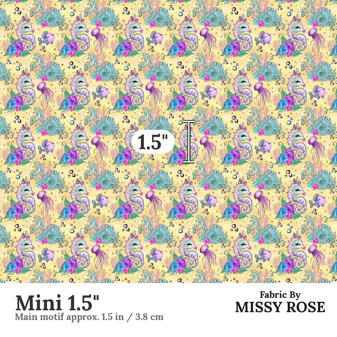 Design 392 Yellow Sea Horse Fabric Mini 1.5" - print scale | Fabric by Missy Rose