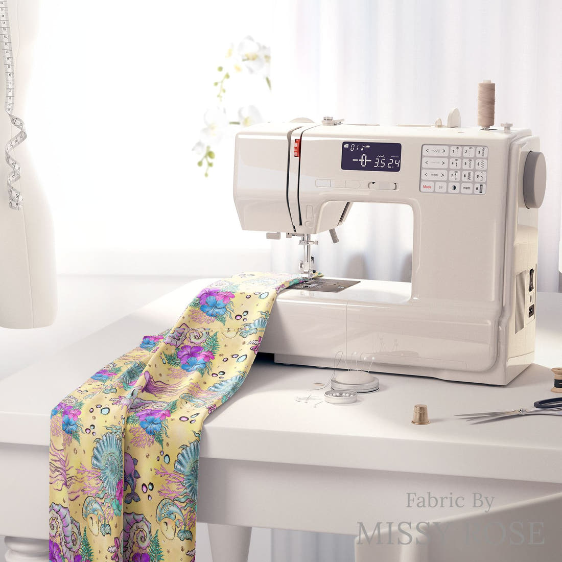 Design 392 Yellow Sea Horse Fabric on a sewing machine – premium fabric for sewing projects | Fabric by Missy Rose
