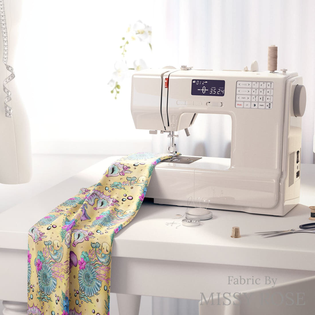 Design 392 Yellow Sea Horse Fabric on a sewing machine – premium fabric for sewing projects | Fabric by Missy Rose