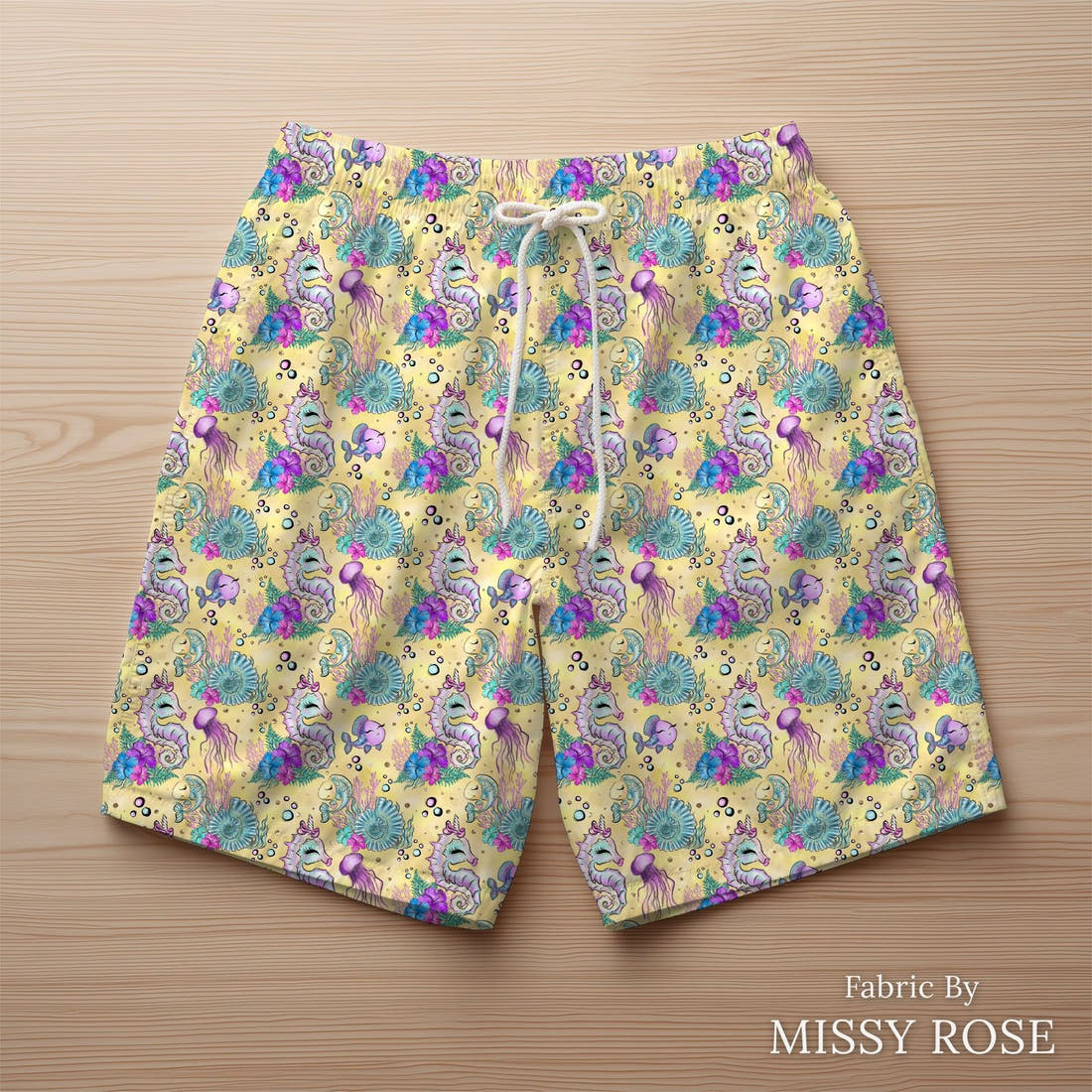 Design 392 Yellow Sea Horse Fabric sewn into swim shorts – see how the print looks made up | Fabric by Missy Rose