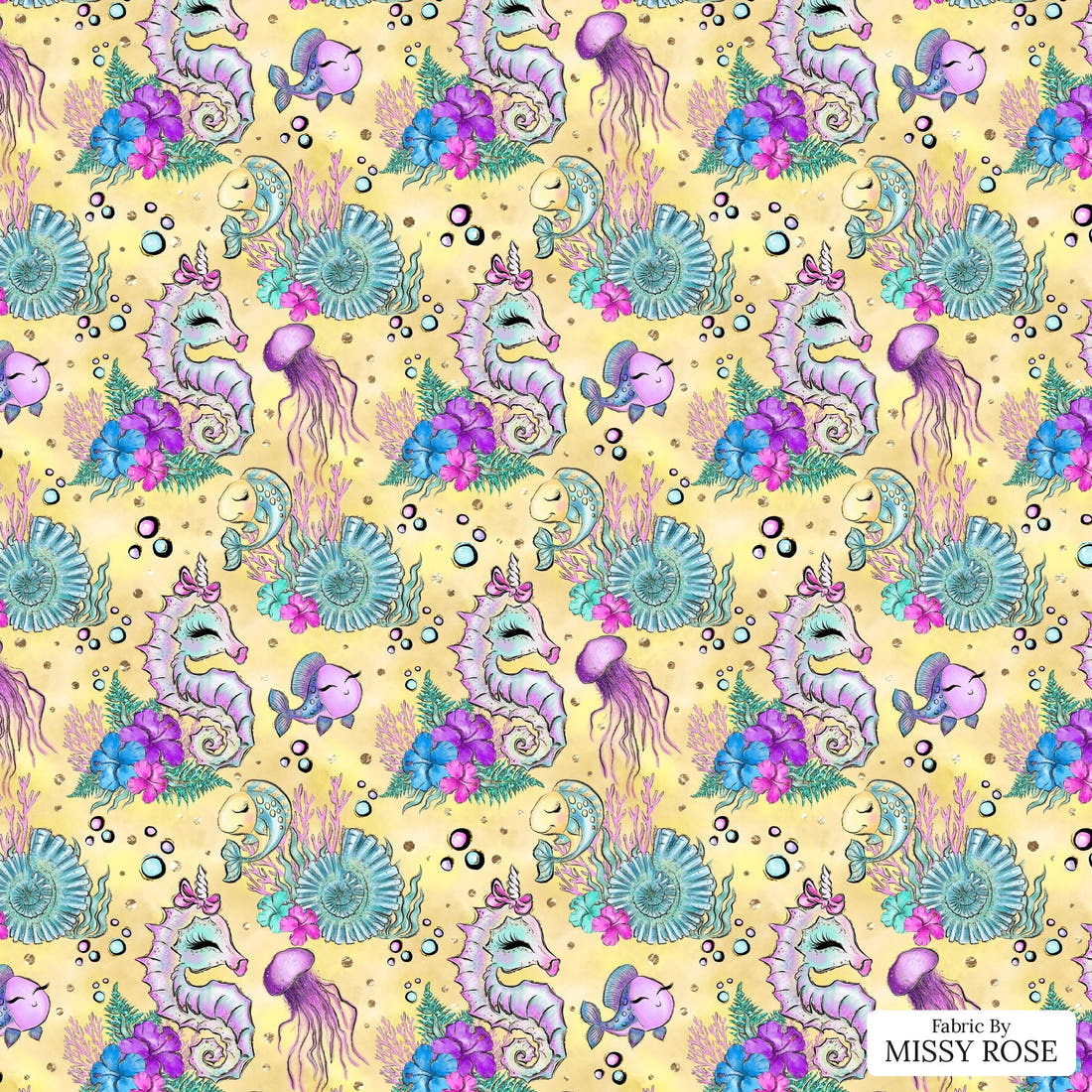 Design 392 Yellow Sea Horse Fabric - flat view of the print, zoom in for detail | Fabric by Missy Rose