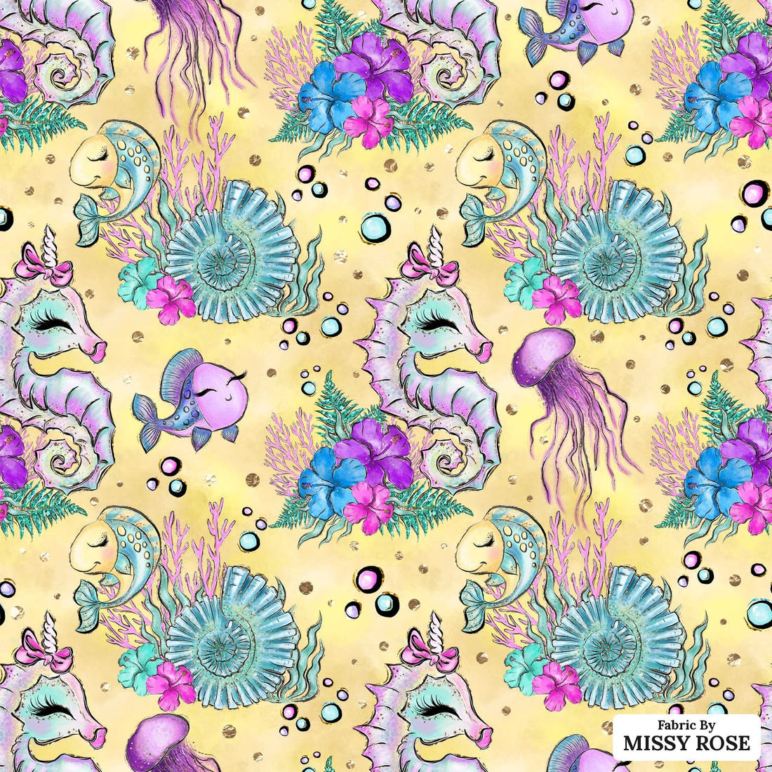 Design 392 Yellow Sea Horse Fabric - flat view of the print, zoom in for detail | Fabric by Missy Rose