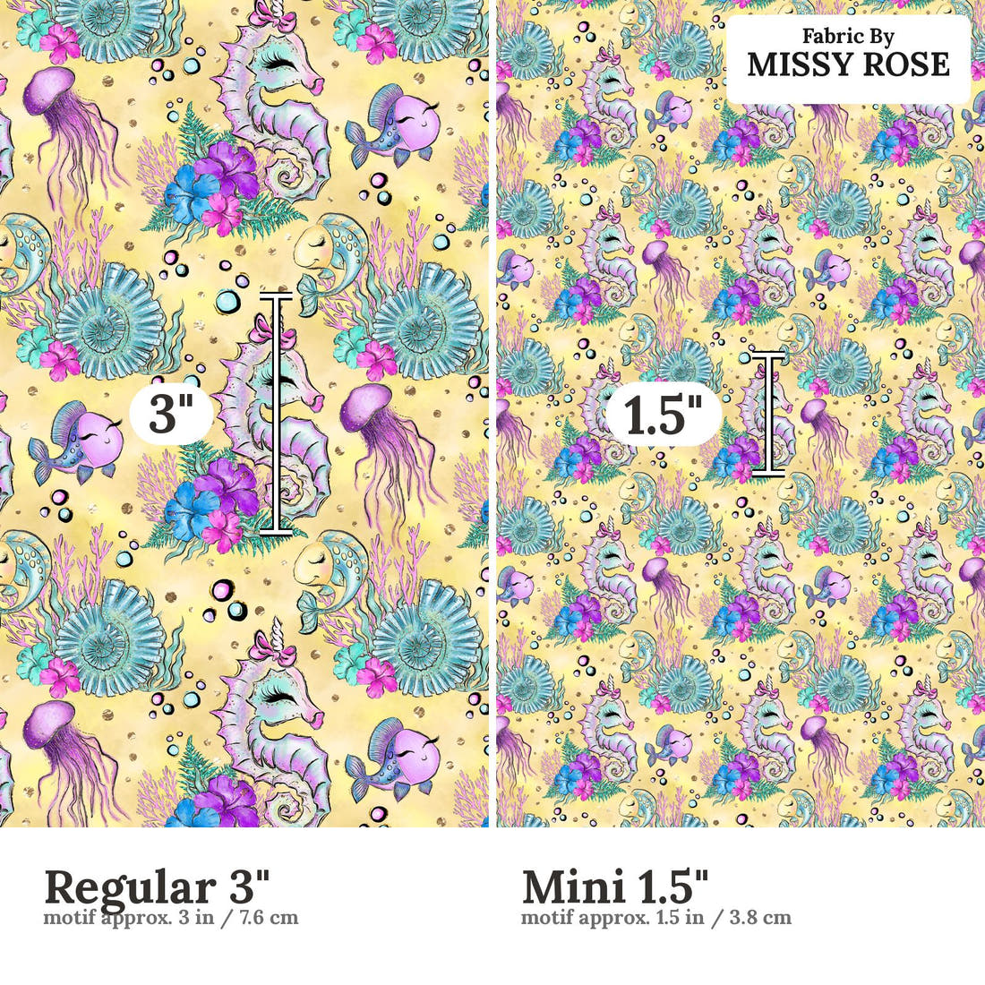 Design 392 Yellow Sea Horse Fabric size comparison - print scale | Fabric by Missy Rose