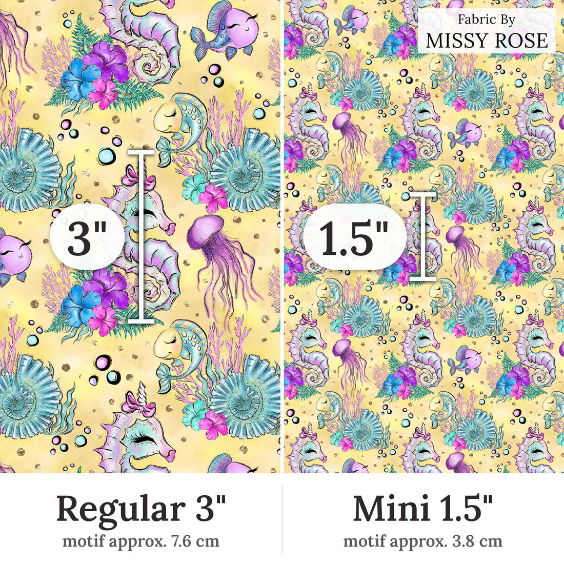 Design 392 Yellow Sea Horse Fabric Regular 3 inch vs Mini 1.5 inch print scale side by side | Fabric by Missy Rose