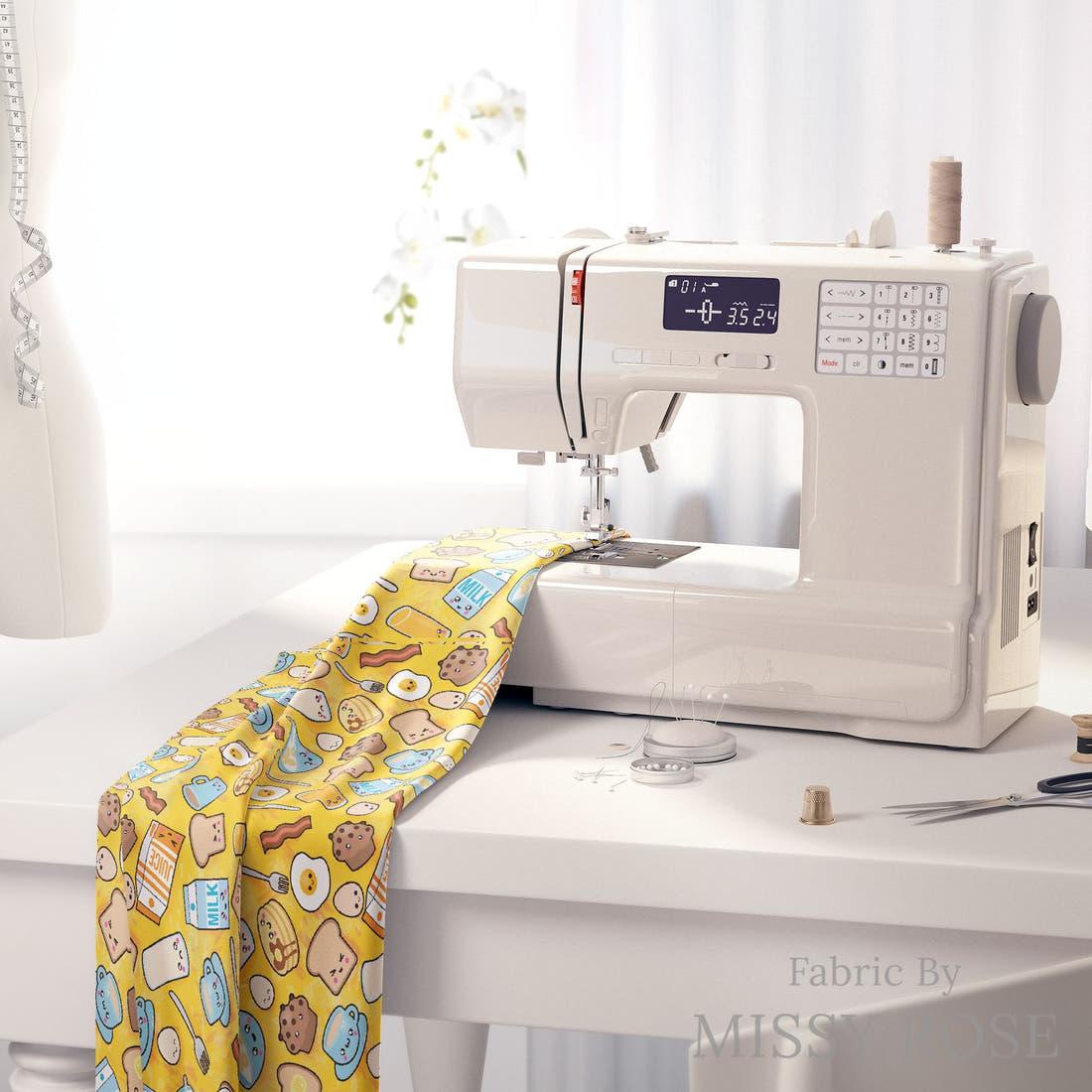 Design 393 Breakfast Foods Fabric on a sewing machine – premium fabric for sewing projects | Fabric by Missy Rose