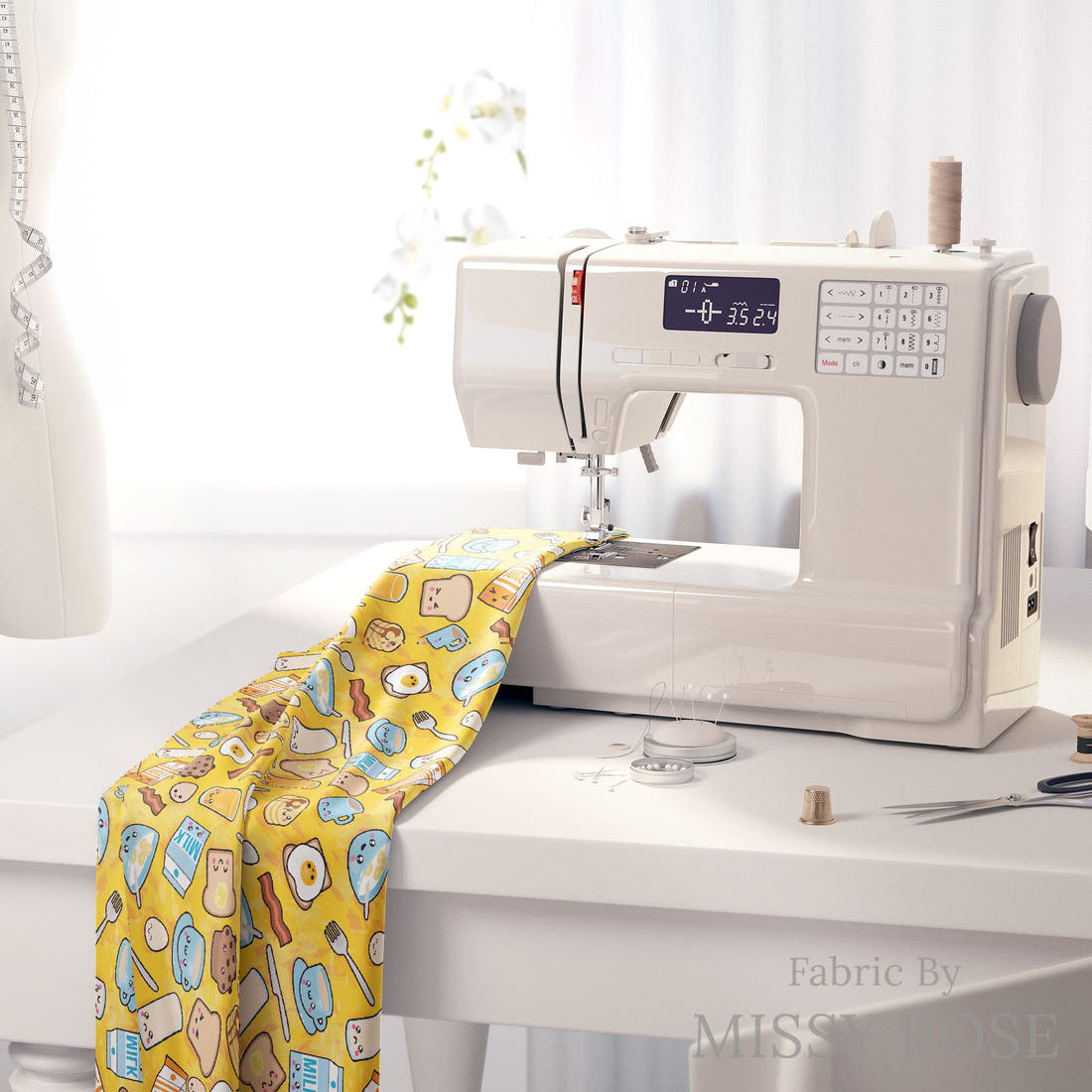 Design 393 Breakfast Foods Fabric on a sewing machine – premium fabric for sewing projects | Fabric by Missy Rose